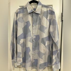 - Bugatchi Uomo long sleeve shirt blue white irregular designs.